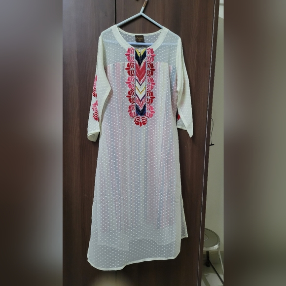 Sheer cream embroidered kurta with coloured lining - Picture 1 of 2
